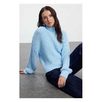 Trendyol Blue Crop Soft Textured Basic Thick Knit Detailed Knitwear Sweater