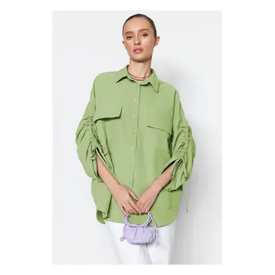 Trendyol Lime Sleeves with Adjustable Gathering Detail Woven Cotton Shirt