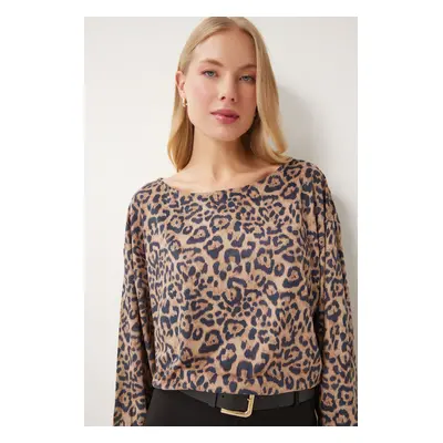 Happiness İstanbul Women's Black Beige Leopard Patterned Blouse