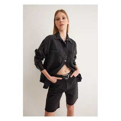 Trendyol Black Leather Detailed Oversize Denim Jacket