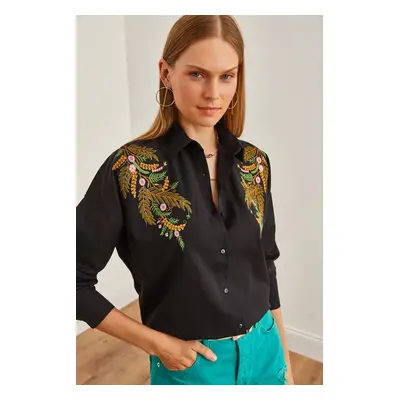 Olalook Women's Leaf Black Embroidery Detailed Oversize Woven Shirt