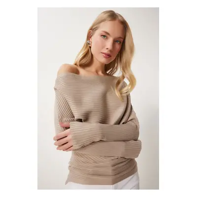 Happiness İstanbul Women's Mink Asymmetric Collar Ribbed Sweater