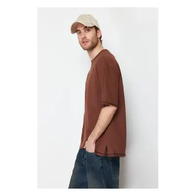 Trendyol Brown Oversize 100% Cotton T-Shirt with Stitching Detail