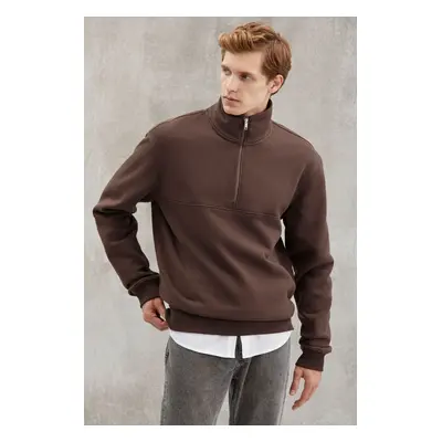 GRIMELANGE Frame Men's Half Zipper Stand Collar Soft Fabric Polar Fleece Regular Brown Sweatshir