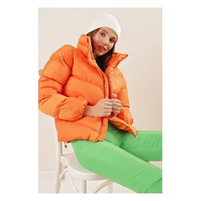 Bigdart Stand Collar Zippered Puffer Jacket - Orange