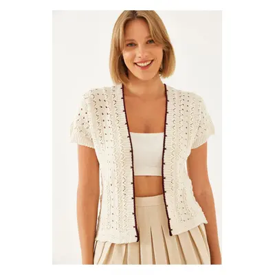 Bianco Lucci Women's Short Sleeve Openwork Knitted Cardigan