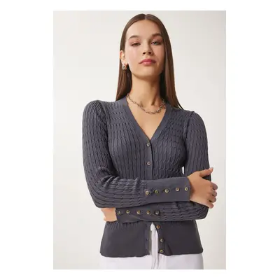 Happiness İstanbul Women's Anthracite Thessaloniki Knit Detail Wrap Knitwear Cardigan