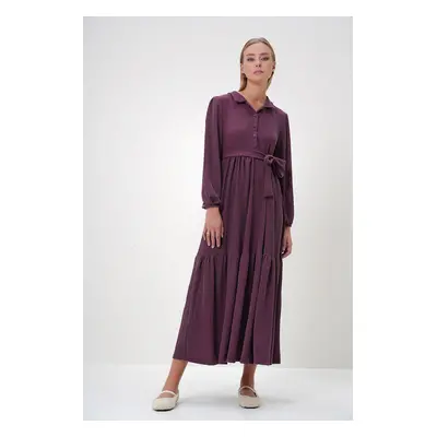 Trend Alaçatı Stili Women's Burgundy Shirt Collar Button-Down Skirt Flounce Belted Long Dress