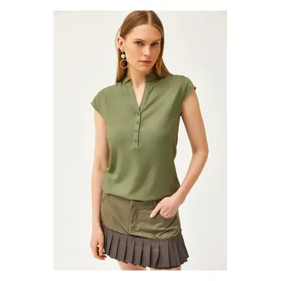 Olalook Women's Khaki V-Neck 4-Button Viscose Blouse