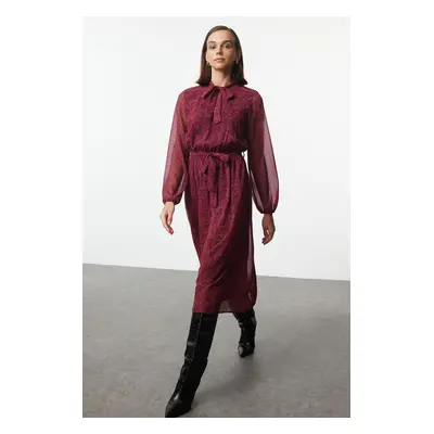 Trendyol Fuchsia Belted Animal A-line Midi Woven Winter Dress