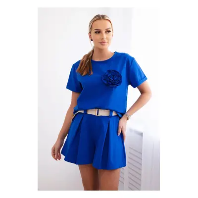 Włoski New punto set with decorative flower blouse + shorts cornflower blue