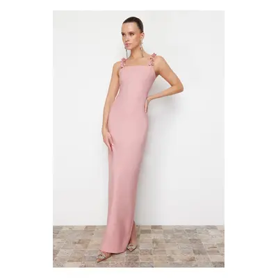 Trendyol Pink Fitted Floral Detailed Woven Long Evening Evening Dress