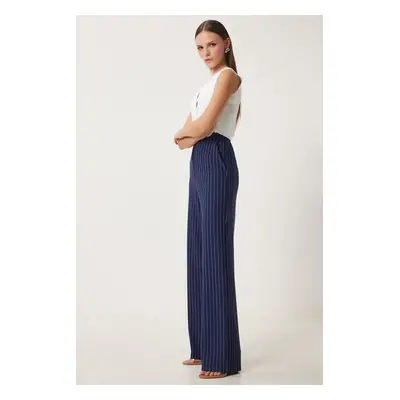 Happiness İstanbul Women's Navy Blue Striped Casual Woven Trousers