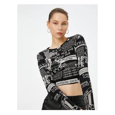 Koton Crop Long Sleeve T-Shirt Printed Round Neck Cotton