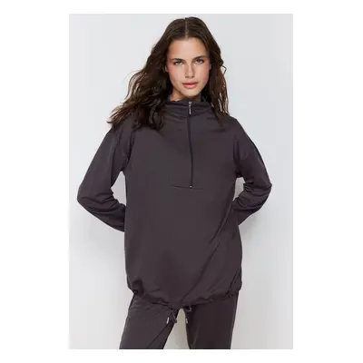 Trendyol Anthracite Zippered Stand Collar Gathered Both Knitted Tracksuit