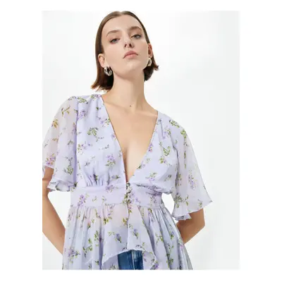 Koton Floral Chiffon Blouse Asymmetric Cut Deep V Neck Buttoned Ruffle