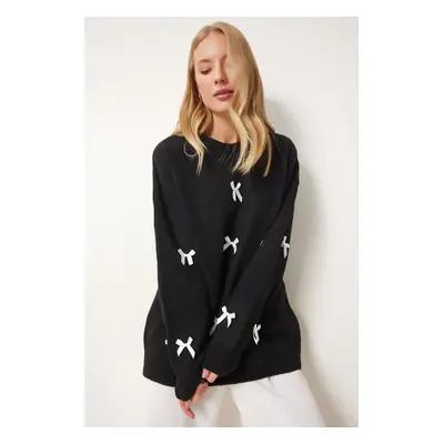 Happiness İstanbul Women's Black Bow Knit Sweater