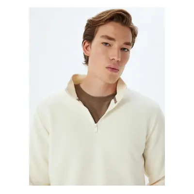 Koton Half Zip Collar Basic Ribbed Cotton Blended Long Sleeve Sweatshirt