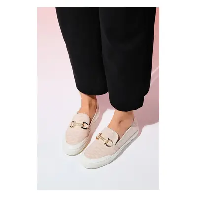 LuviShoes MARRAKECH Beige Denim Women's Buckled Loafer Shoes