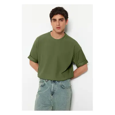 Trendyol Khaki Premium Oversize Crew Neck Short Sleeve Textured Ottoman T-Shirt