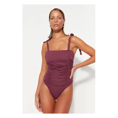 Trendyol Claret Red Square Neck Draped Normal Leg Swimsuit