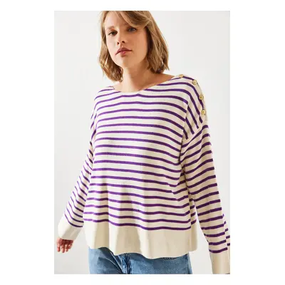 Bianco Lucci Women's Striped Shoulder Buttoned Sweater