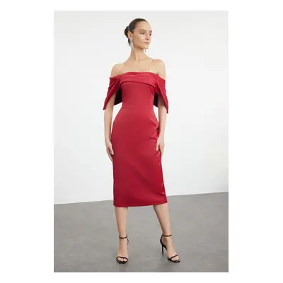 Trendyol Dark Red Body-Smoothing Carmen Collar Satin Woven Dress