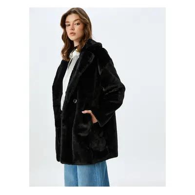 Koton Double Breasted Plush Coat with Buttoned Pockets