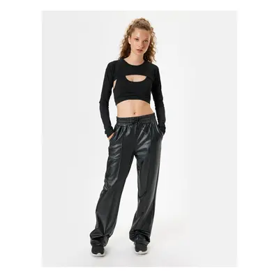 Koton Faux Leather Sweatpants Tied Waist Ribbed High Waist Straight Leg Pocket