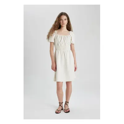 DEFACTO Square Neck Linen Short Sleeve Mini Dress