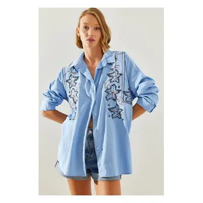 Bianco Lucci Women's Embroidered Patterned Oversize Shirt