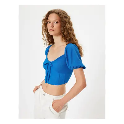 Koton Crop T-Shirt Balloon Sleeve Corset Look Crepe V Neck Slim Fit