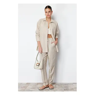 Trendyol Beige Striped Oversize Linen Look Woven Shirt