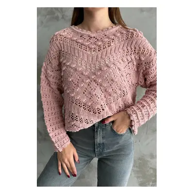 69491 Dewberry Patterned Openwork Knitwear Womens Sweater-POWDER