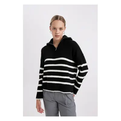 DEFACTO Oversize Wide Pattern Striped Half Zipper Stand Collar Knitwear Sweater