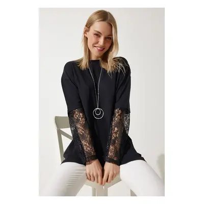 Happiness İstanbul Women's Black Lace Sleeve Loose Long Knitted Tunic