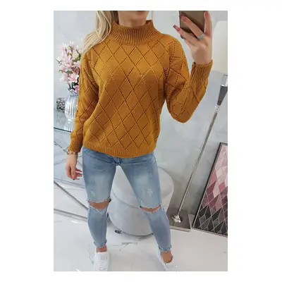 High-neckline sweater with diamond mustard pattern