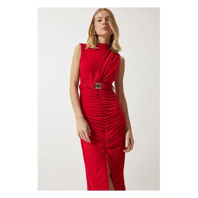 Happiness İstanbul Women's Red Belted Gathered Knitted Dress