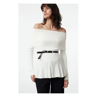 Trendyol Ecru Belted Carmen Collar Knitwear Sweater