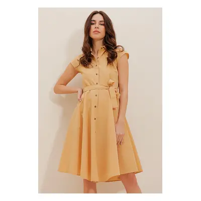 Trend Alaçatı Stili Women's Mustard Waist Belted Mini Sleeve Woven Shirt Dress