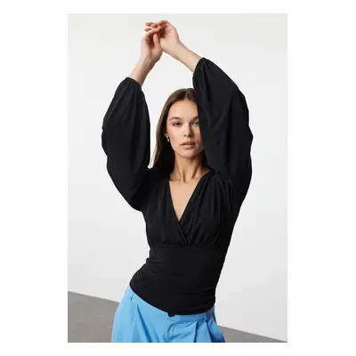 Trendyol Black Double Breasted Gathering/Drape Detailed Long Sleeve Stretchy Knitted Blouse