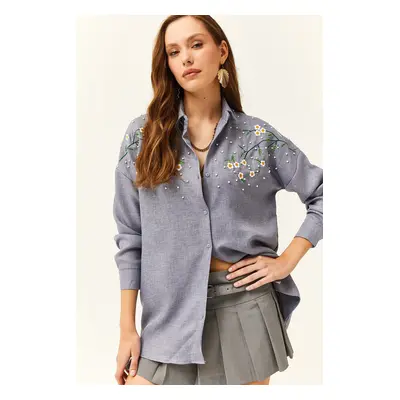 Olalook Women's Indigo Embroidered Pearl Wool Effect Oversize Winter Shirt