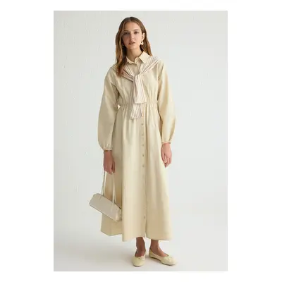 Trendyol Beige Striped Shoulder Scarf Detail Woven Shirt Dress