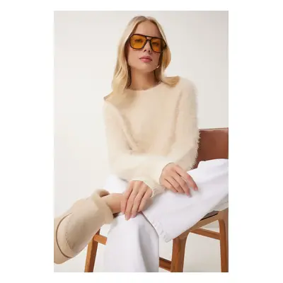 Happiness İstanbul Women's Cream Soft Bearded Knit Sweater