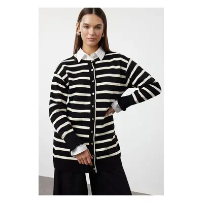 Trendyol Black Stone Striped Buttoned Front Knitwear Cardigan