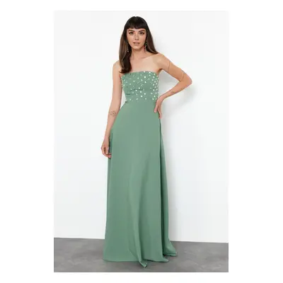 Trendyol Mint Stone Printed Woven Long Evening Dress