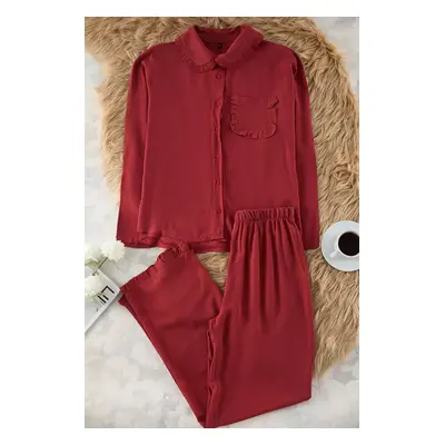 Trendyol Burgundy Ruffle Pocket Detail Viscose Woven Pajama Set