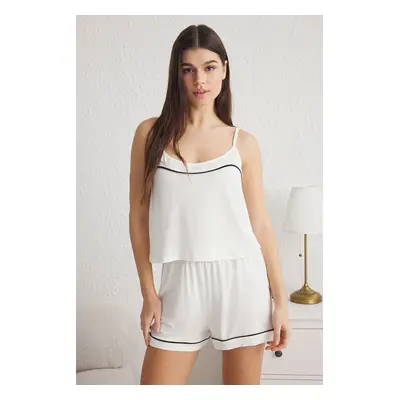 Trendyol White Piping Detail Rope Strap Viscose Knitted Pajama Set