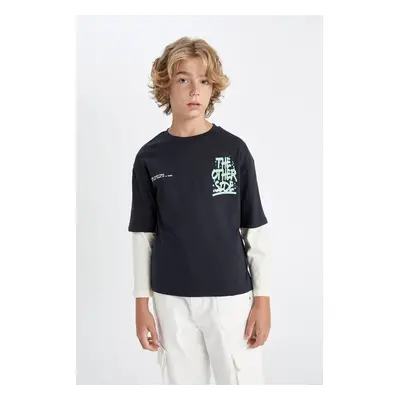 DEFACTO Boy's Crew Neck Text Printed Long Sleeve T-Shirt