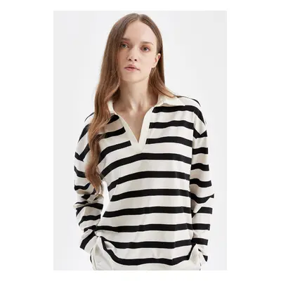 DEFACTO Regular Fit Striped Polo Neck Hem Detailed Long Sleeve T-Shirt Tunic